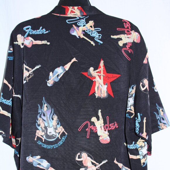 Fender DaVinci Shirt Mens Extra Large Black Button Up Hawaiian Pinup Guitars AOP - Picture 3 of 5